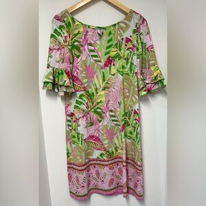 Pappagallo Tropical Oasis Shift Dress Pink  Green 3/4 sleeves, knee length